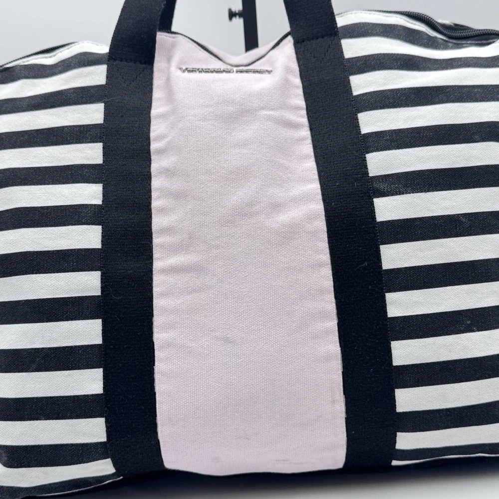 Victorias Secret Overnight Duffle Bag Weekend Tote VS Pink Black Stripe Crossbod
